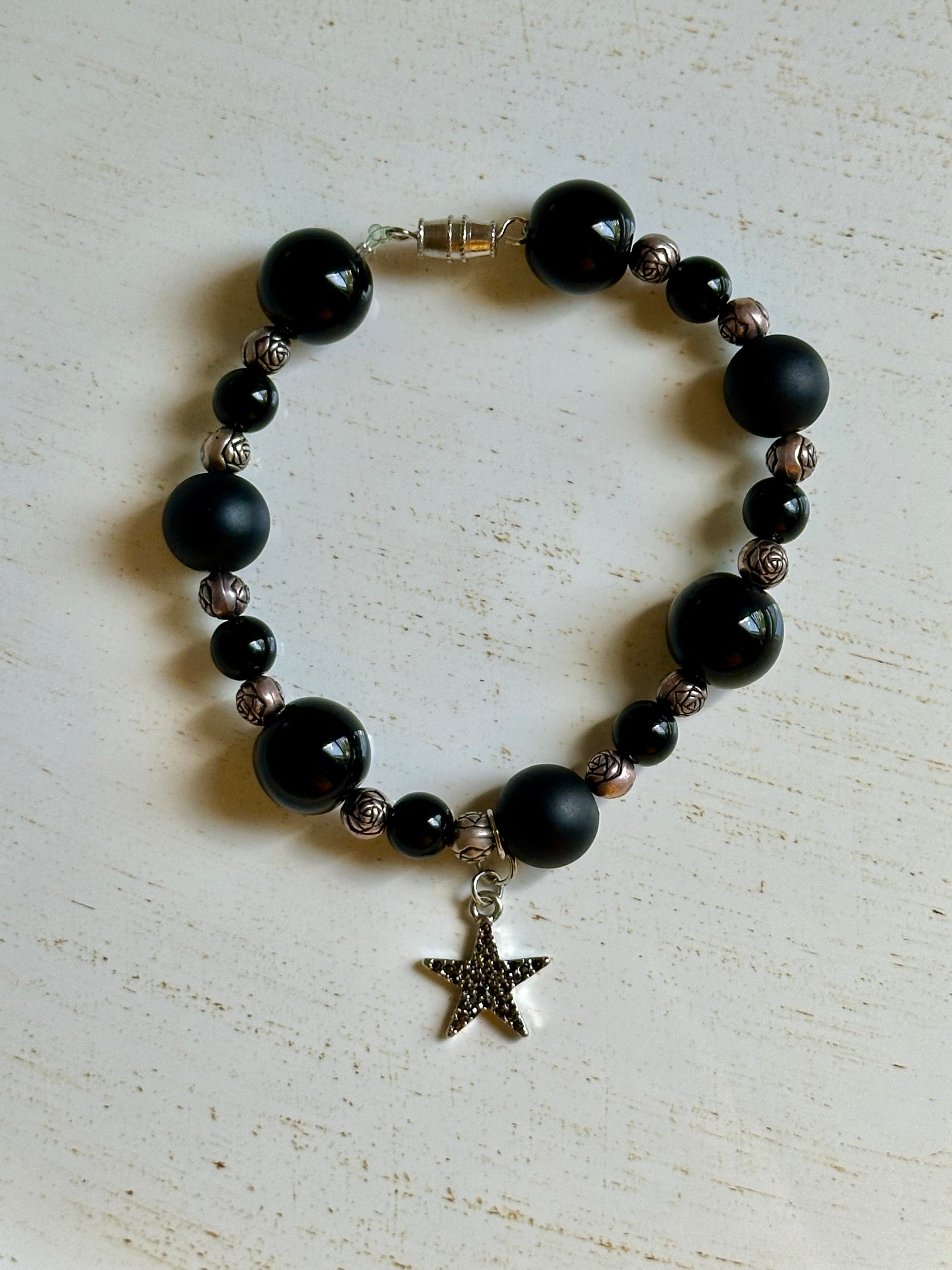 Starry Night Elegance: Black and Silver Beaded Bracelet for Women - Roxiem Jewelry, LLC