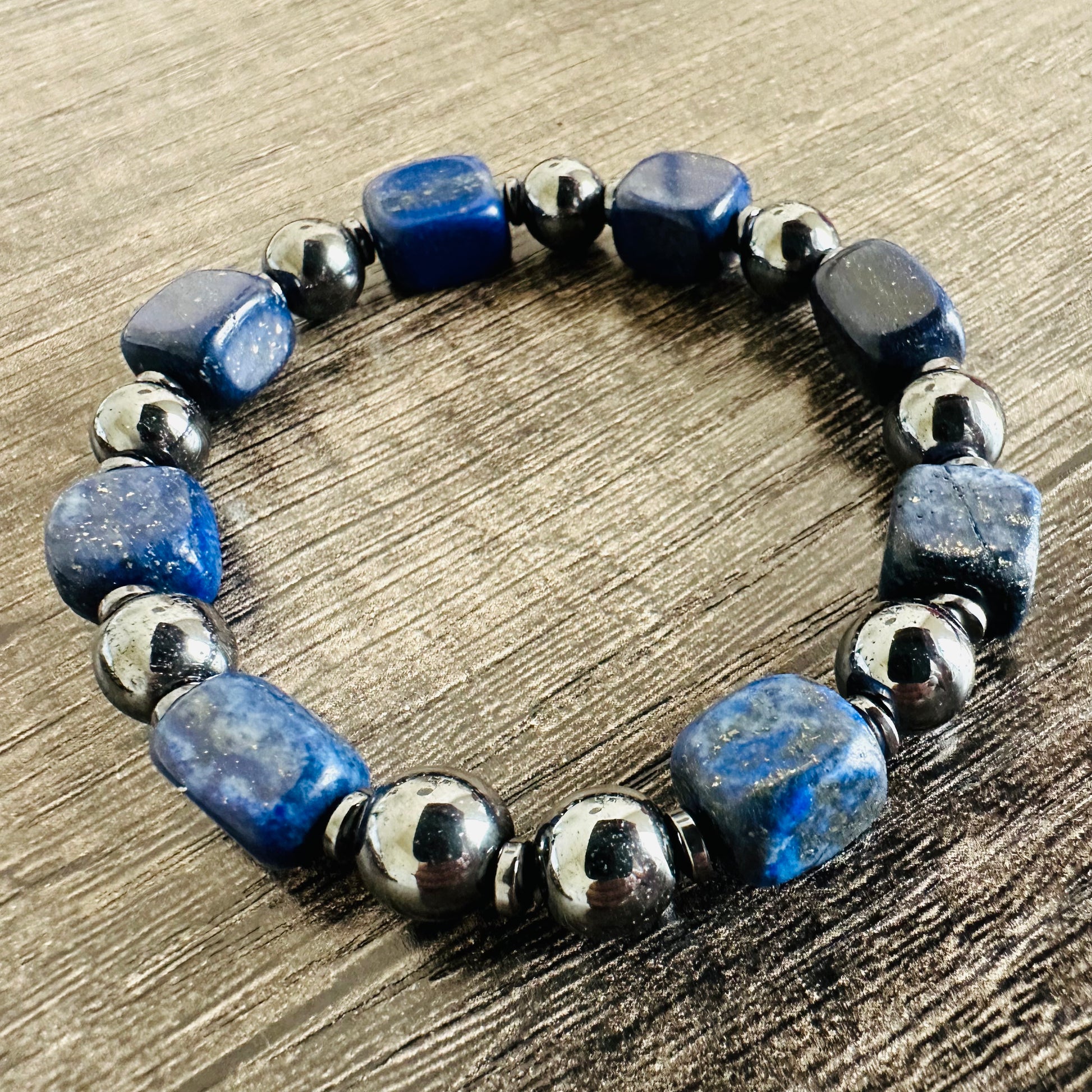 Celestial Harmony: Lapis Lazuli and Hematite Bracelet - Roxiem Jewelry, LLC