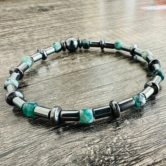 Elegant Strength: Hematite and Emerald Bracelet - Roxiem Jewelry, LLC