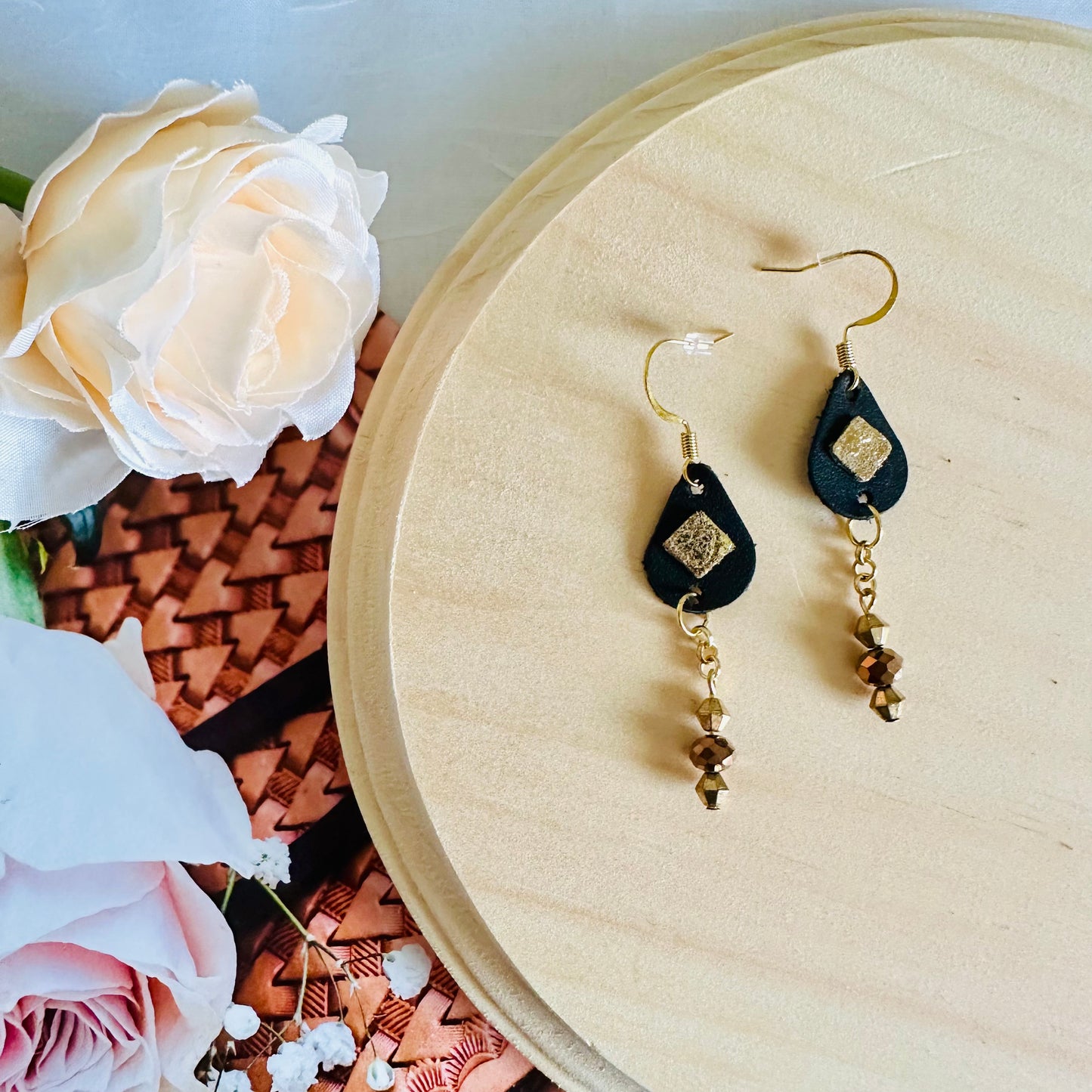 Glam Noir: Black and Gold Leather Dangle Earrings - Roxiem Jewelry, LLC