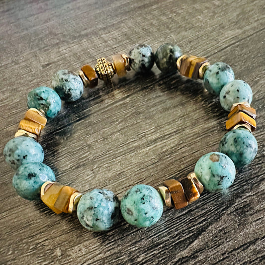 African Elegance: Turquoise Jasper and Tiger Eye Bracelet - Roxiem Jewelry, LLC