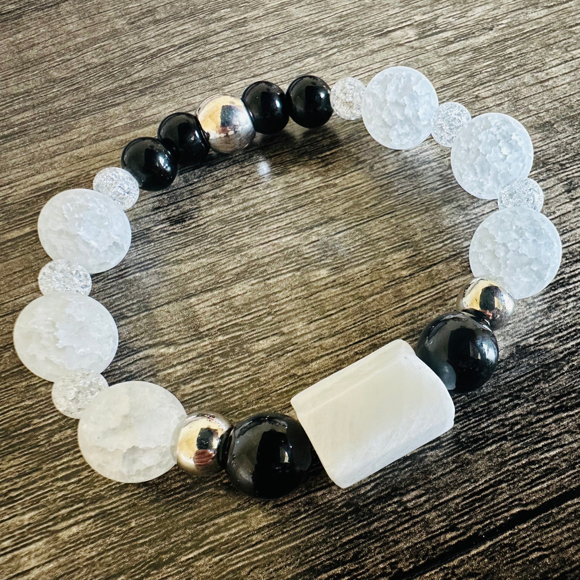 Lunar Radiance: Quartz, Black Agate, and Moonstone Bracelet - Roxiem Jewelry, LLC