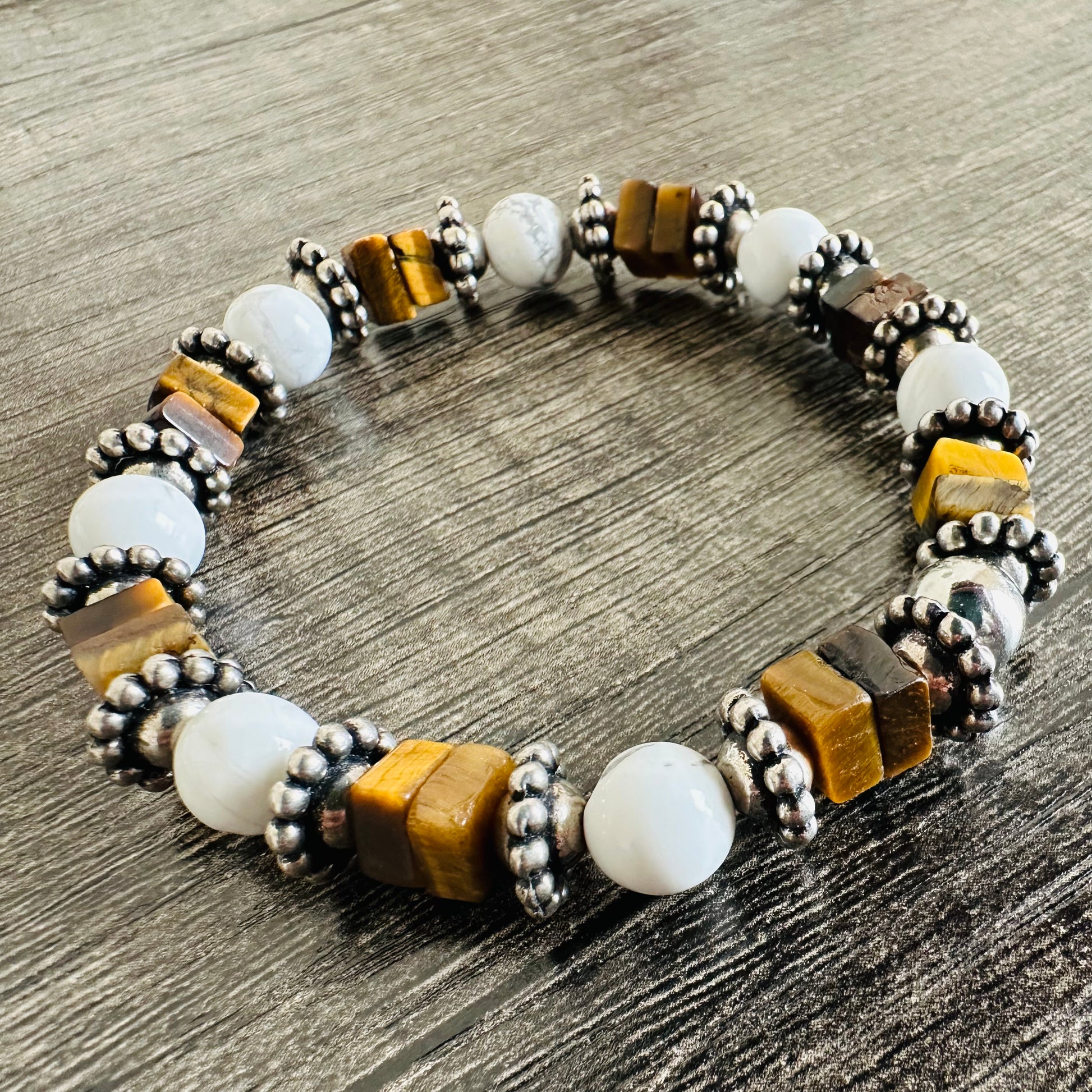 Balance and Strength: Howlite and Tiger Eye Stones Bracelet - Roxiem Jewelry, LLC