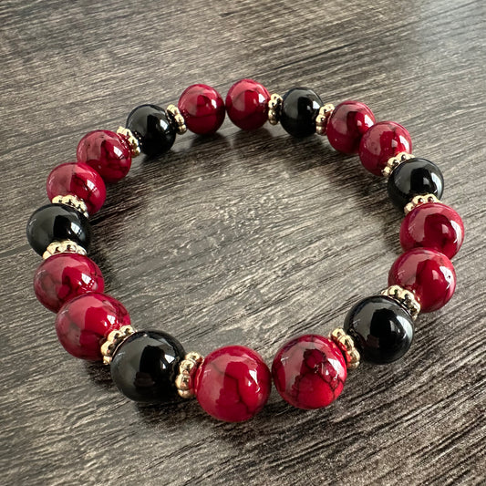 Crimson Night: Candy Apple Quartz and Black Jasper Bracelet