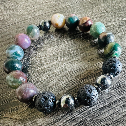 Nature's Fusion: Fancy Jasper, Lava Rock, and Hematite Bracelet - Roxiem Jewelry, LLC