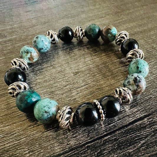 Mystic Earth: Black Onyx and African Turquoise Jasper Bracelet - Roxiem Jewelry, LLC