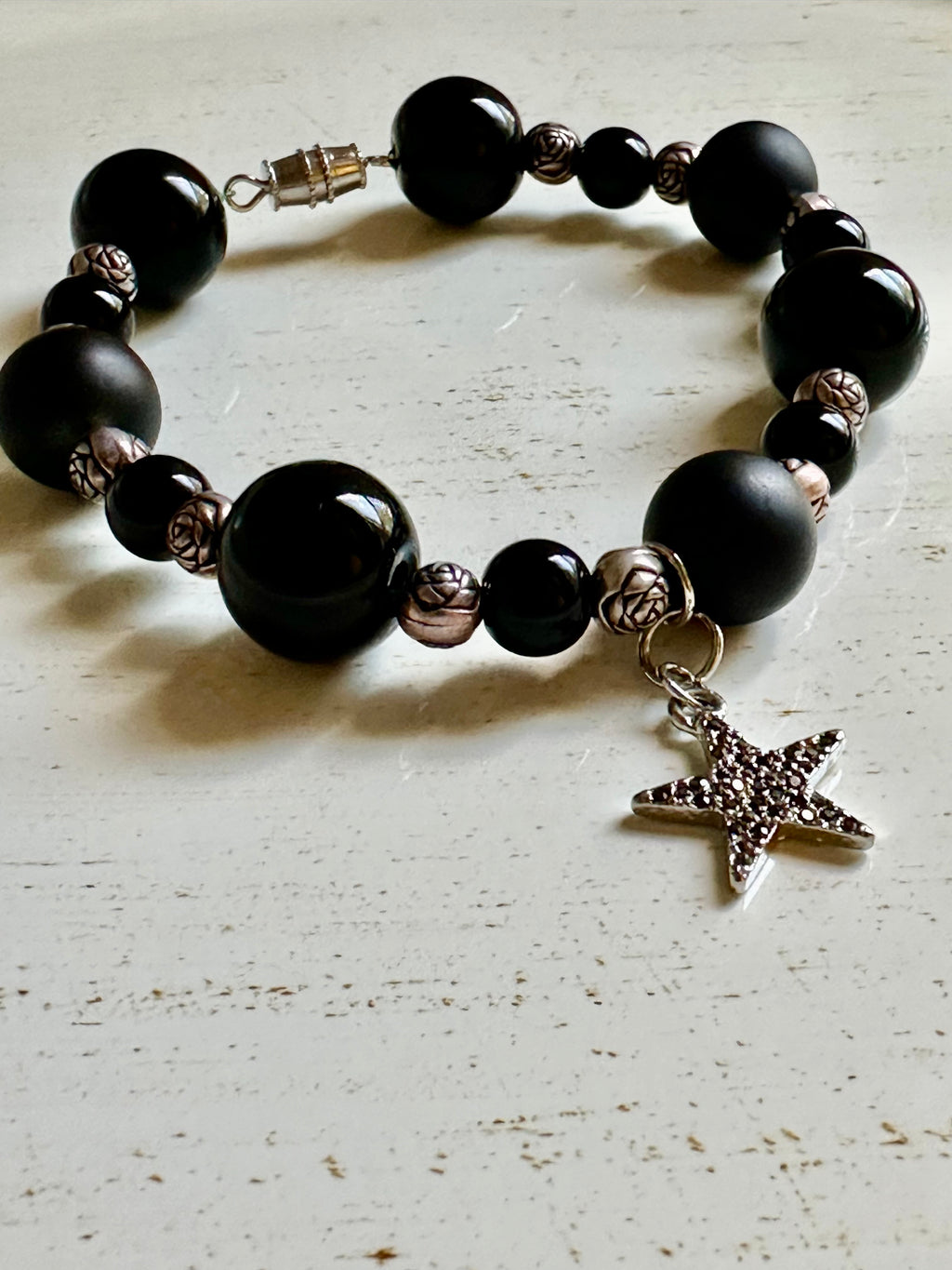 Starry Night Elegance: Black and Silver Beaded Bracelet for Women - Roxiem Jewelry, LLC