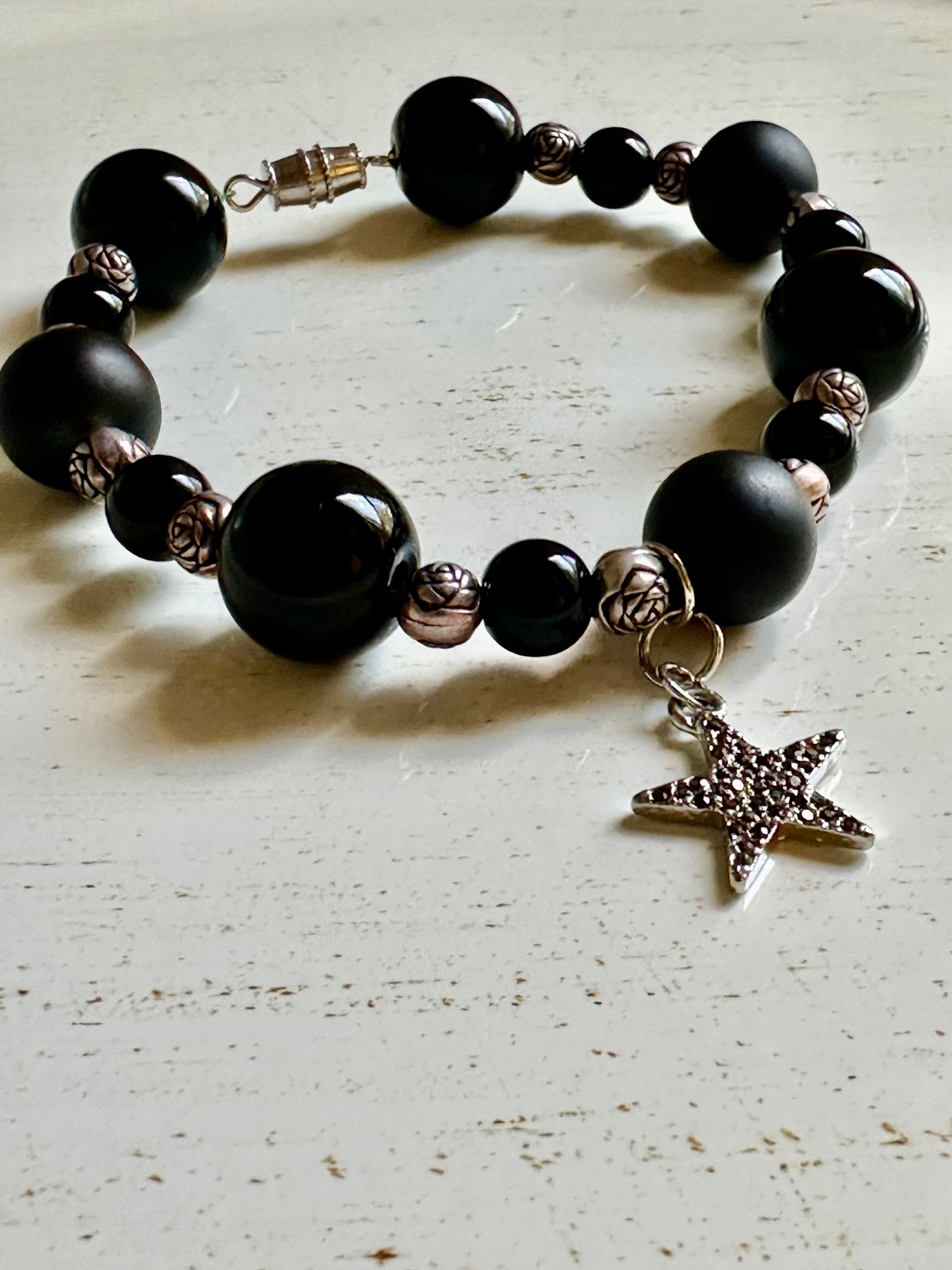 Starry Night Elegance: Black and Silver Beaded Bracelet for Women - Roxiem Jewelry, LLC