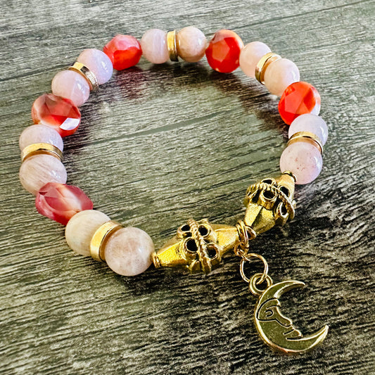 Sunlit Harmony: Red Carnelian-Orca Agate and Sunstone Bracelet - Roxiem Jewelry, LLC