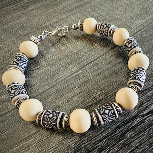 Natural Elegance: Cream Wooden Bracelet - Roxiem Jewelry, LLC