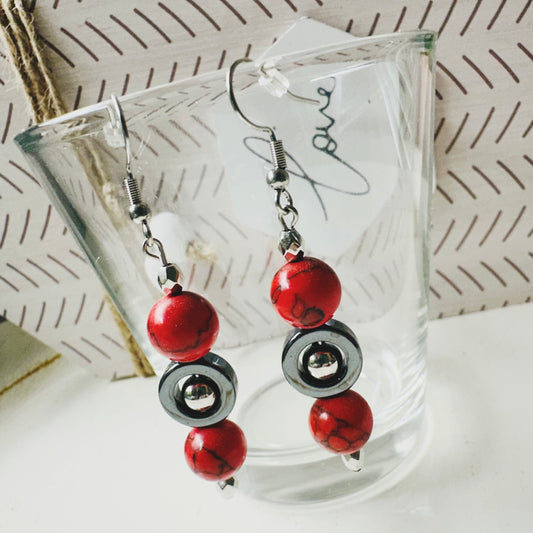 Red Howlite-Hematite Dangle Earrings | Bold & Elegant Stone Jewelry