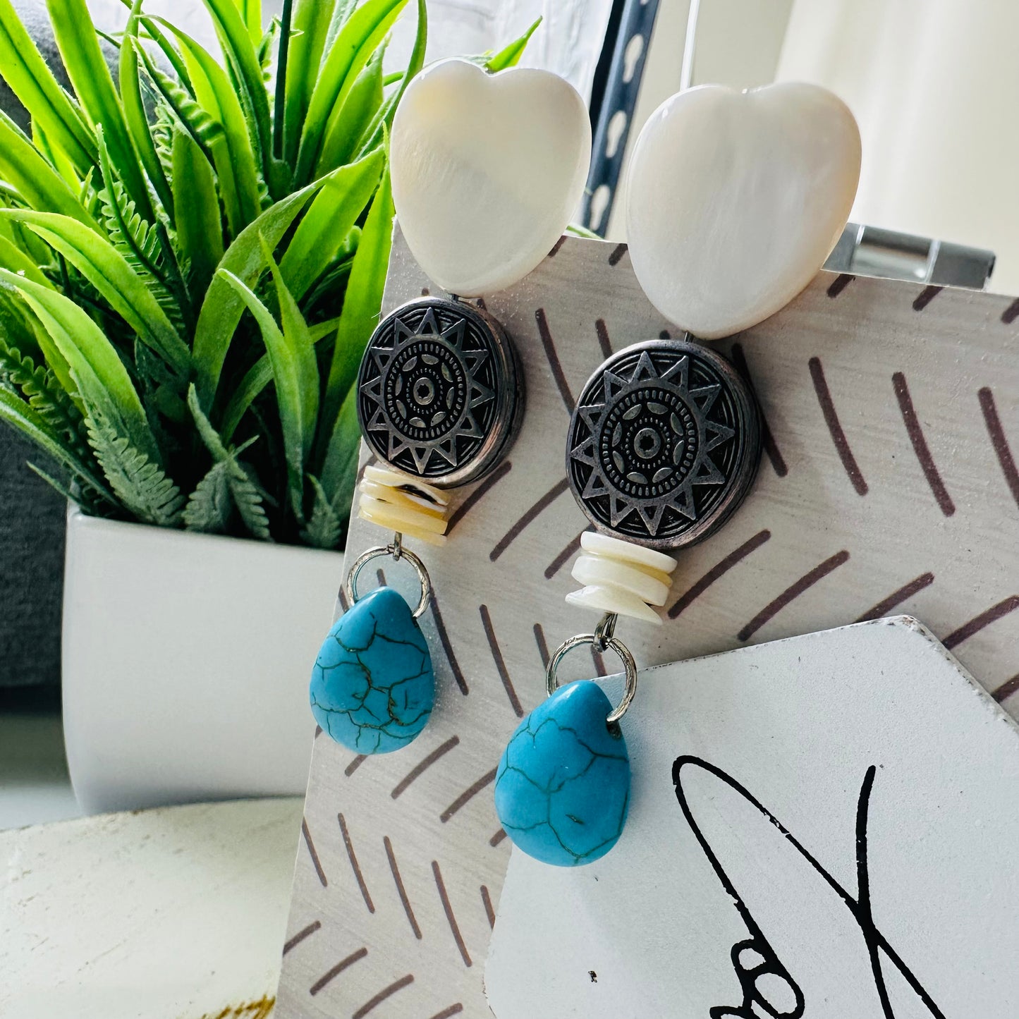 Heart Shells and Turquoise Howlite Stone Earrings | Boho Chic Jewelry