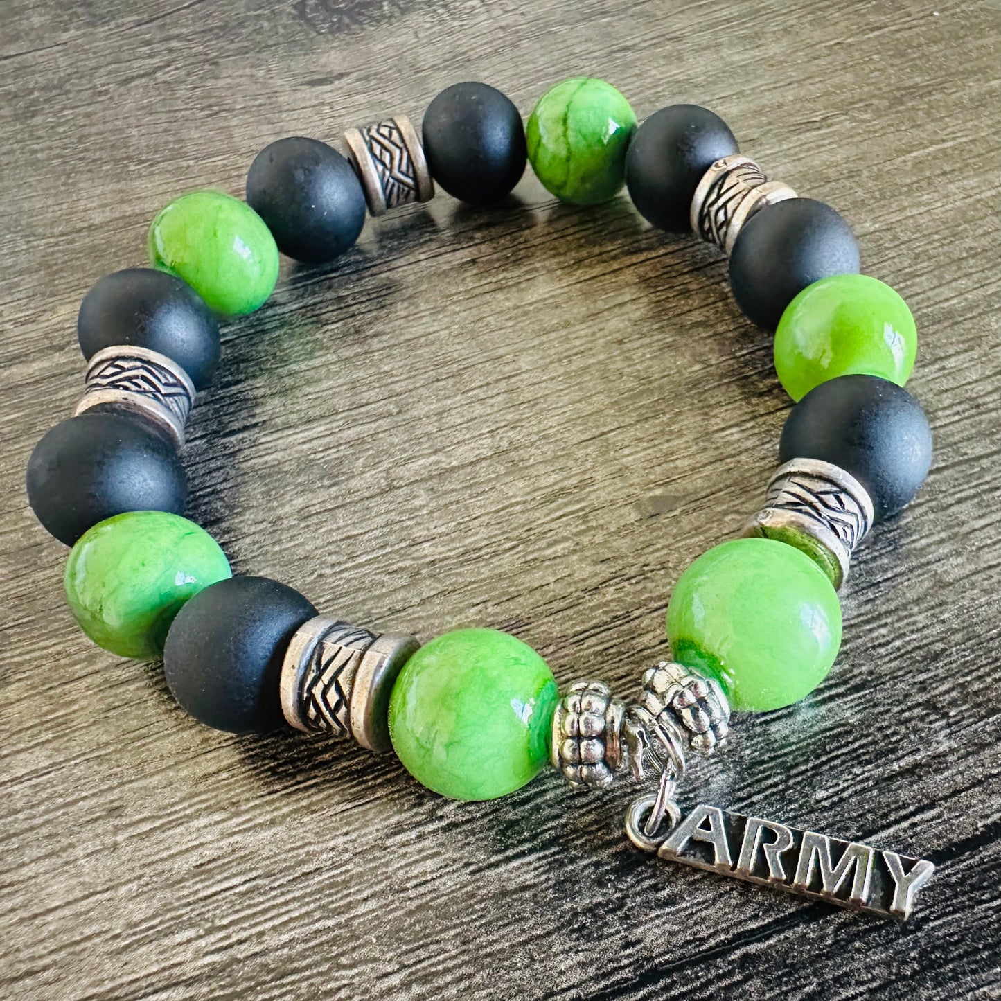 Valor and Strength: Black and Green Bracelet with Army Charm - Roxiem Jewelry, LLC