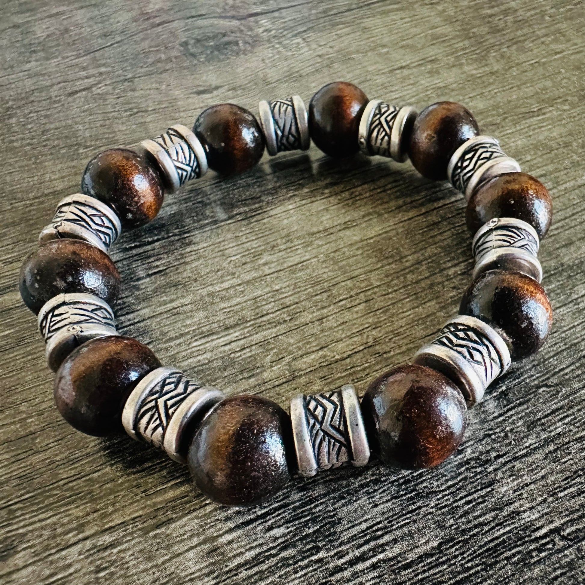 Rustic Radiance: Wooden and Metal Bracelet - Roxiem Jewelry, LLC