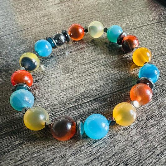 Vibrant Fusion: Rainbow Sugar Candy Agate and Hematite Bracelet - Roxiem Jewelry, LLC