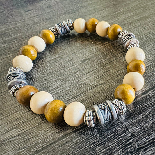 Earthy Elegance: Cream Tones Wooden Bracelet - Roxiem Jewelry, LLC