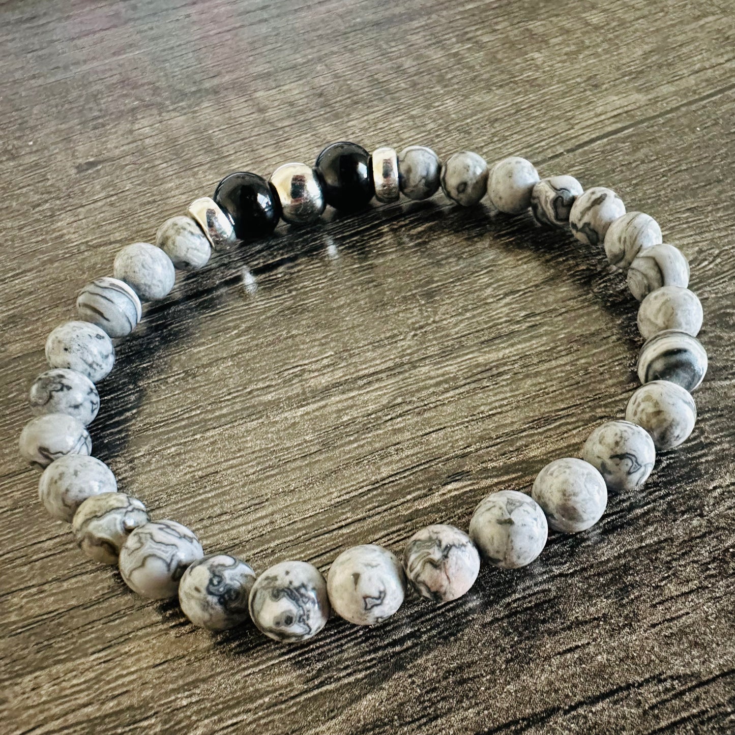 Shadowed Serenity: Picture Jasper and Crystal Bracelet - Roxiem Jewelry, LLC