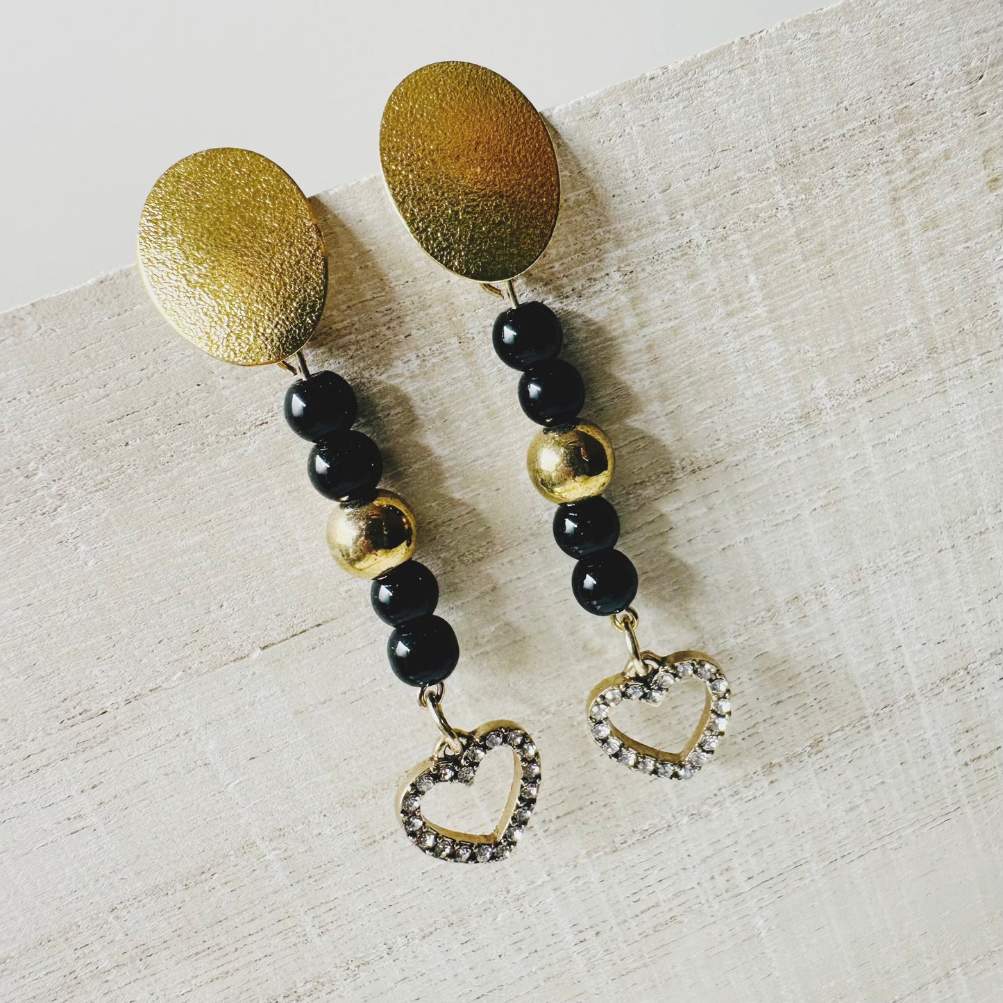 Gold and Black Heart Charm Dangle Earrings | Elegant Romantic Jewelry