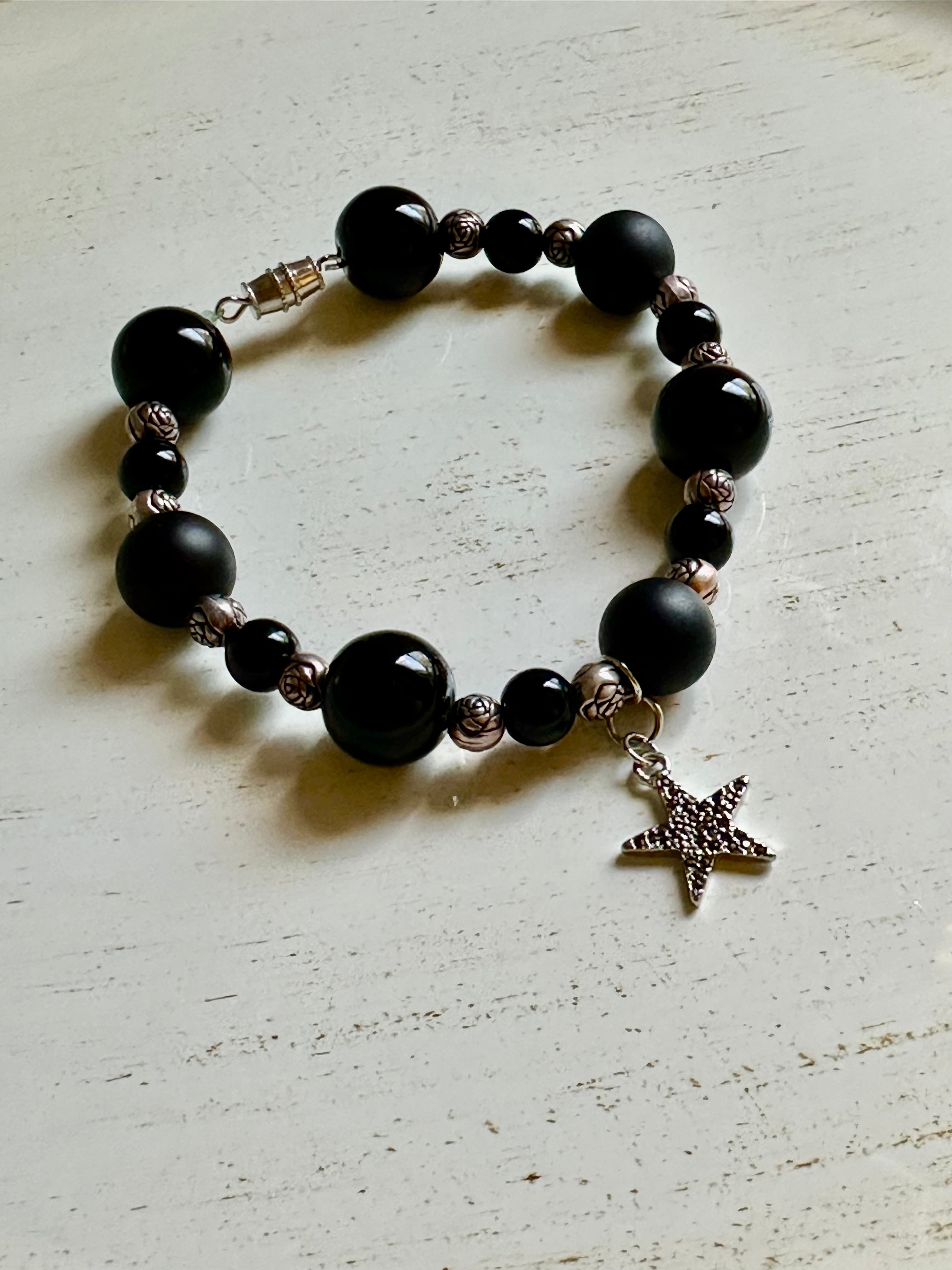 Starry Night Elegance: Black and Silver Beaded Bracelet for Women - Roxiem Jewelry, LLC