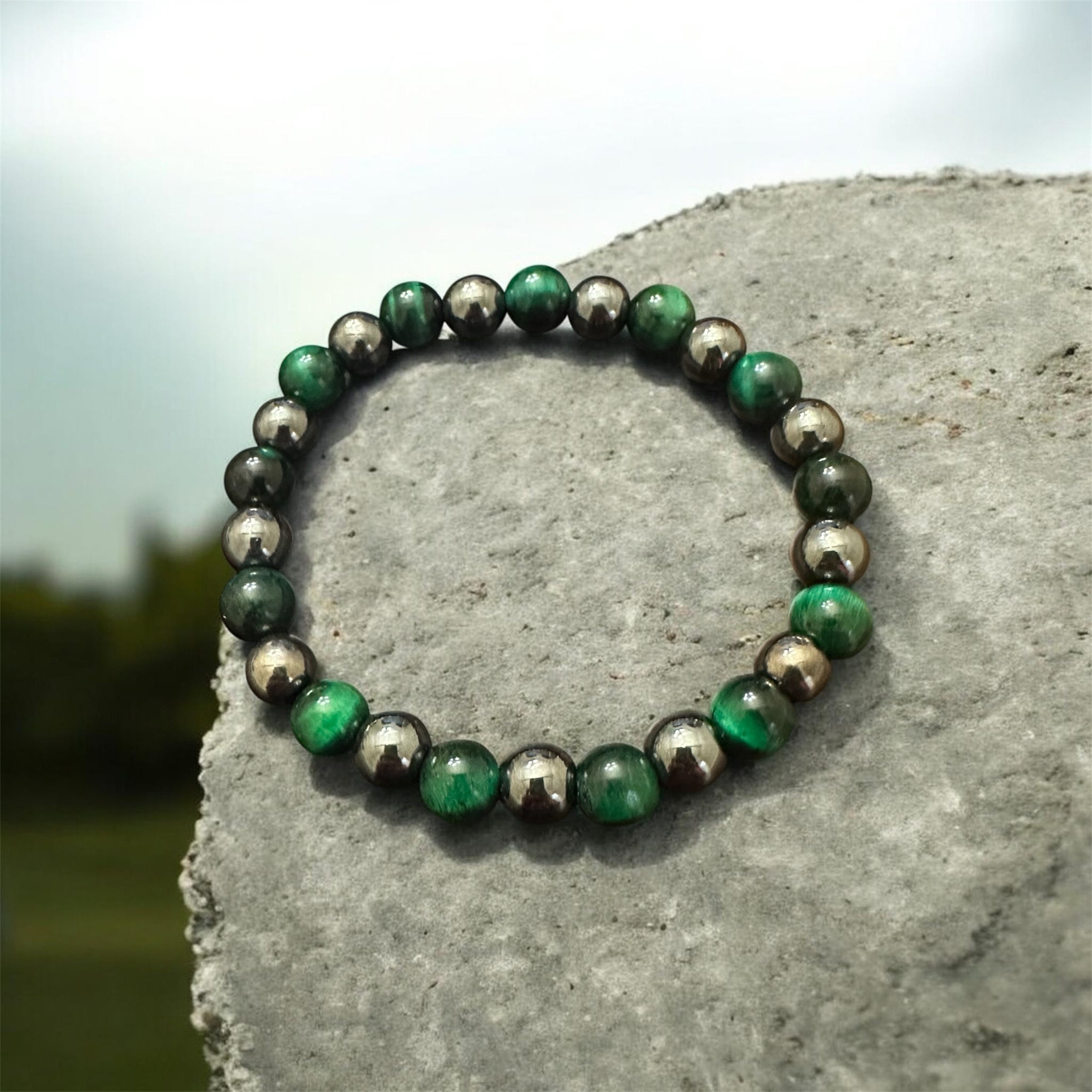 Emerald Tiger’s Eye & Polished Hematite Bracelet