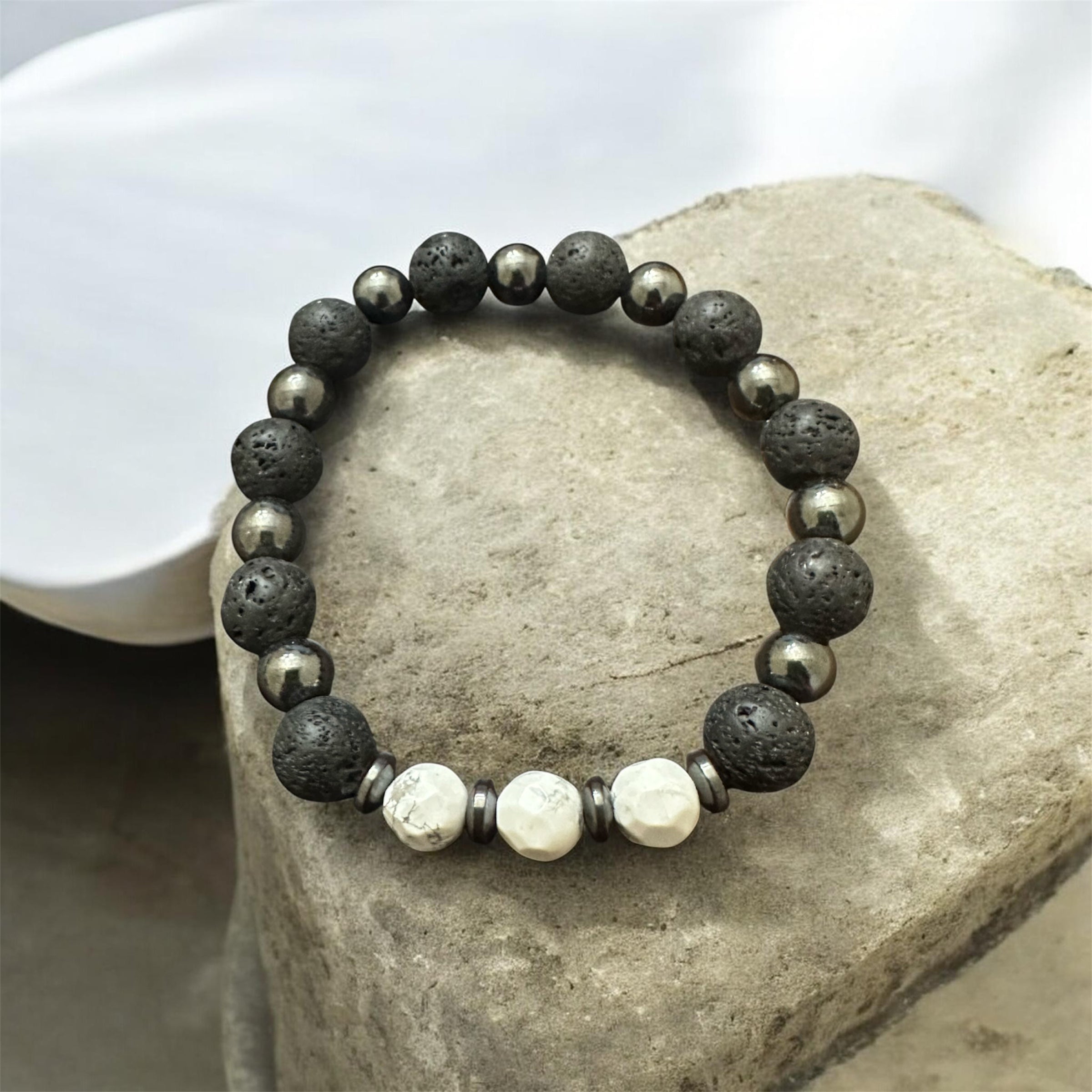 Lava Rock, Hematite & Howlite Stretch Bracelet