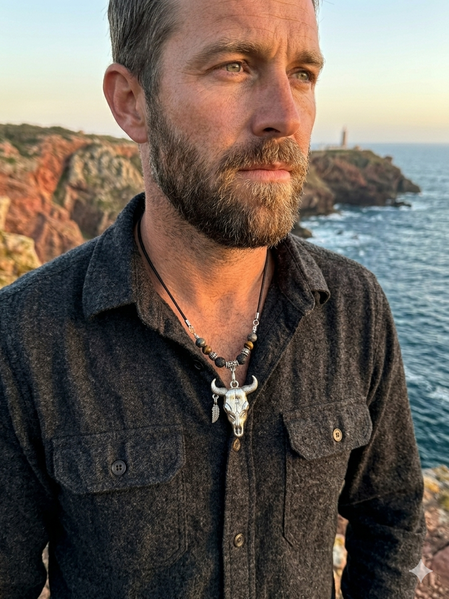 Men's Bull Skull Pendant Necklace with Lava Rock, Tiger Eye, and Fire Stone
