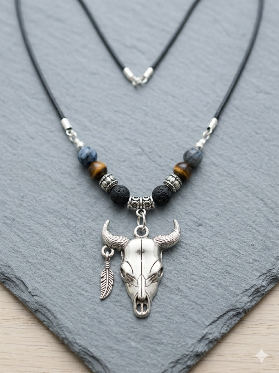 Men's Bull Skull Pendant Necklace with Lava Rock, Tiger Eye, and Fire Stone