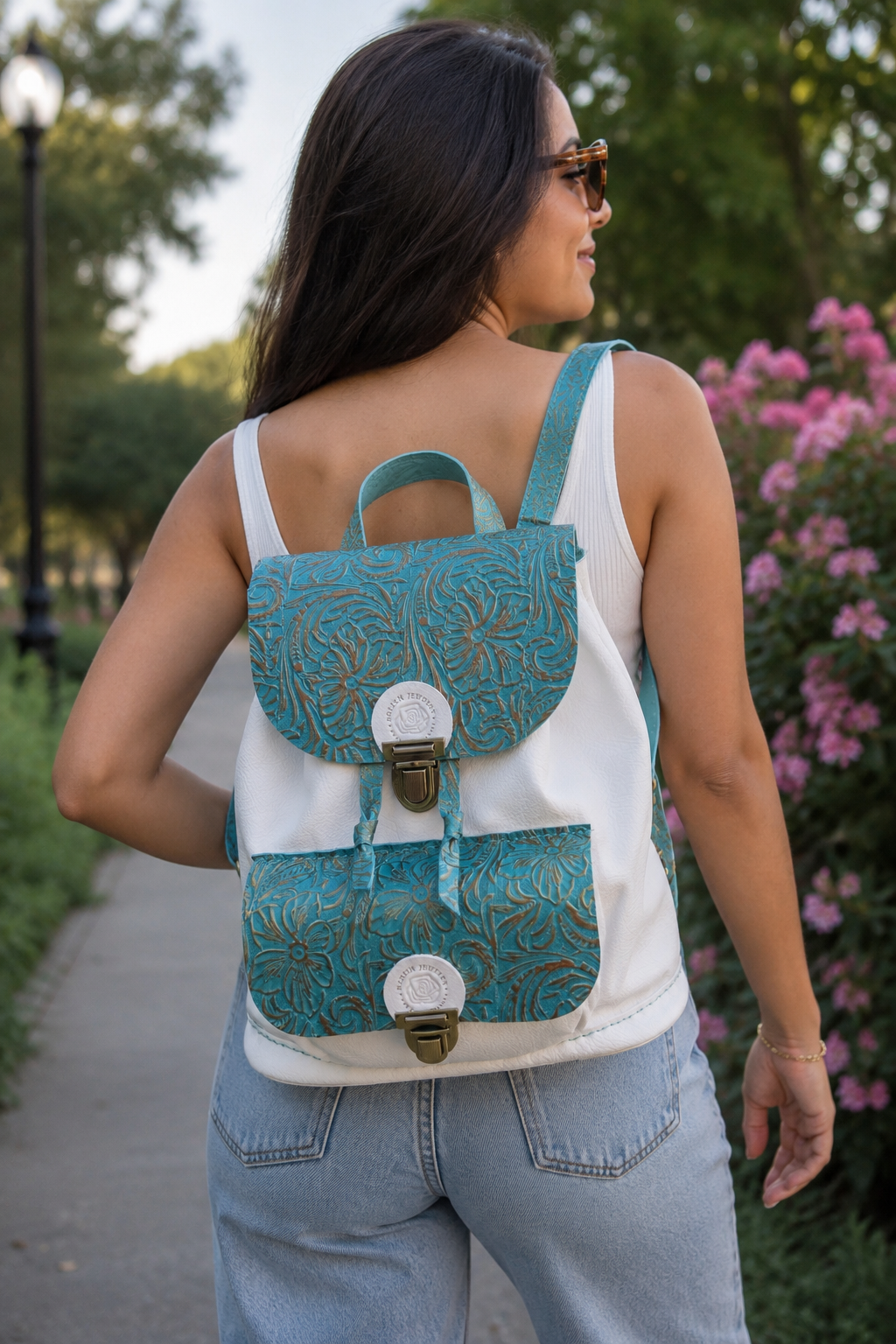 Turquoise Bloom Leather Backpack