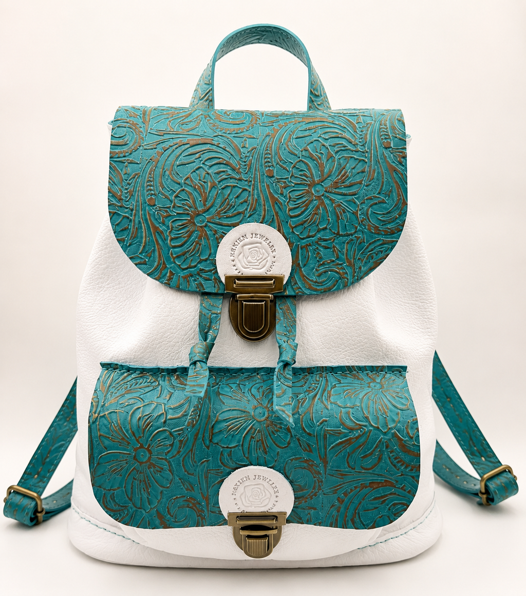 Turquoise Bloom Leather Backpack